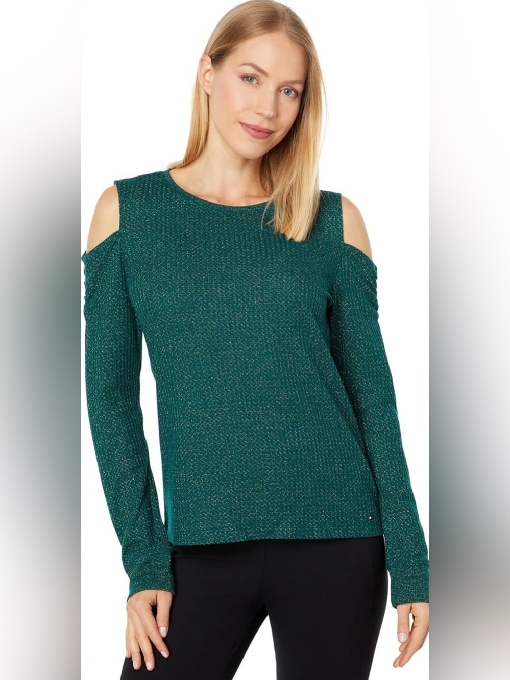 Tommy Hilfiger green Metallic Cold-Shoulder Sweater size L NWT